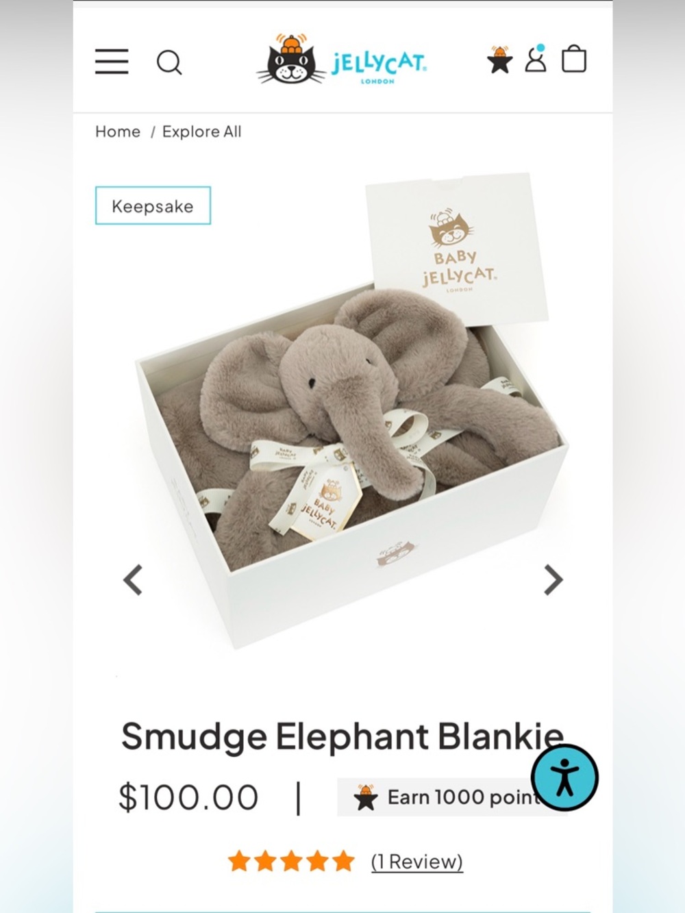 Jellycat Smudge Elephant Soother Luxe BNWT In Gift Box Sold Out!